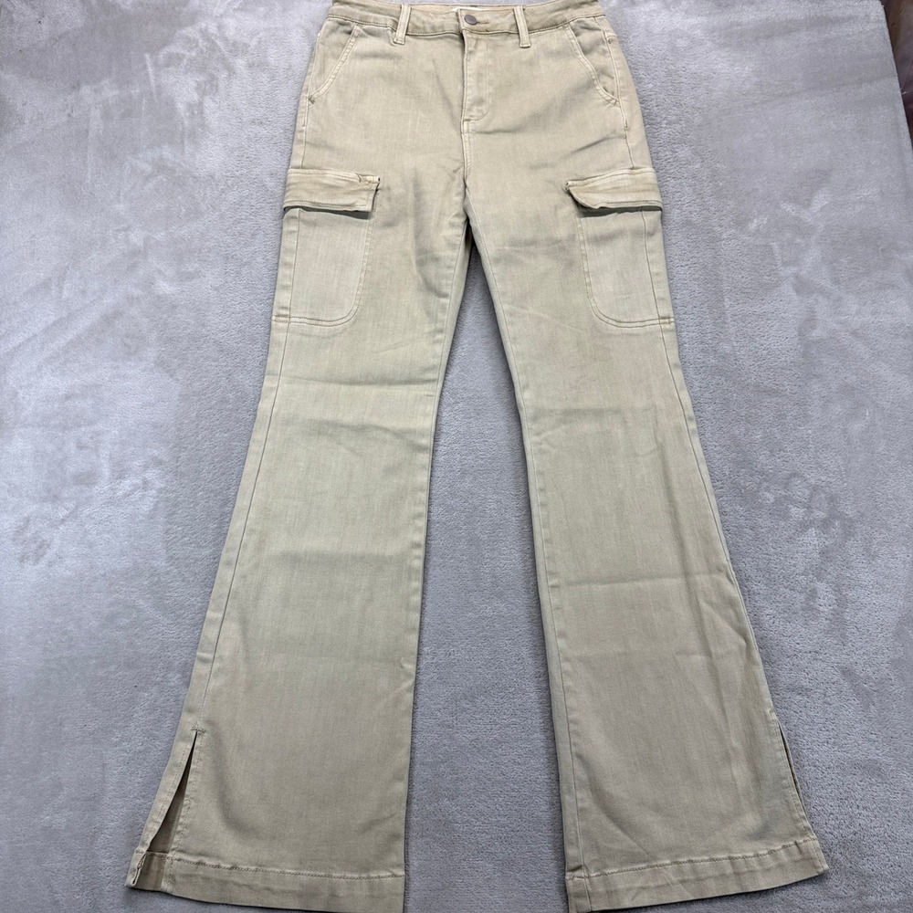 Risen Jeans Womens 7/28 Cargo Flare Tan Khaki Side Slit Boho Chic Y2K Streetwear